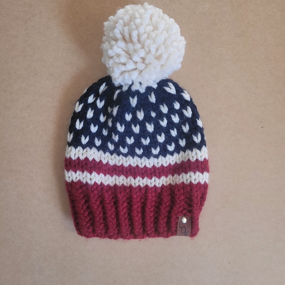 Cozy Knit Beanie with Pom-Pom - Navy, White, and Burgundy